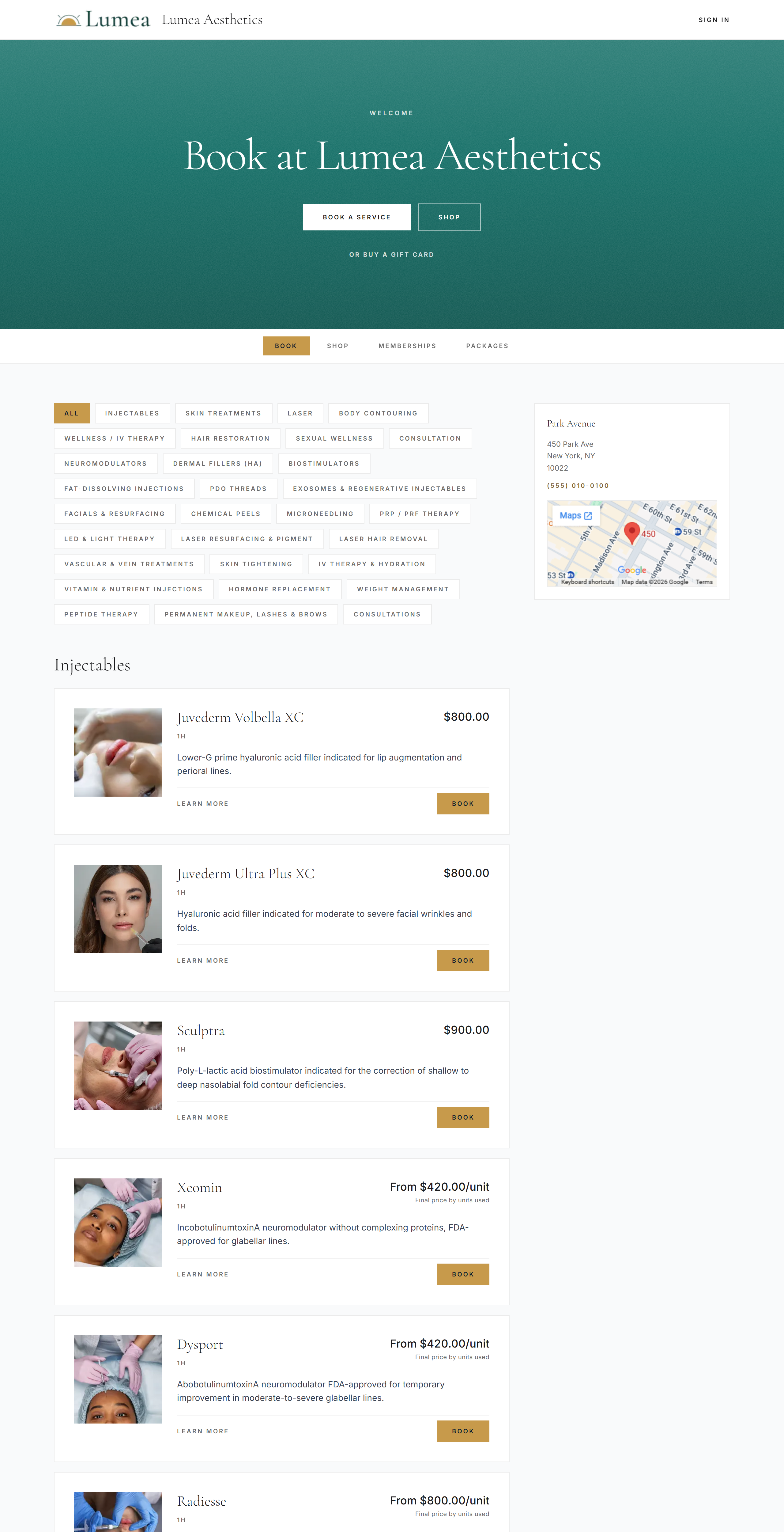 A medspa's white-label booking portal — book, shop, gift cards, and memberships in their own brand