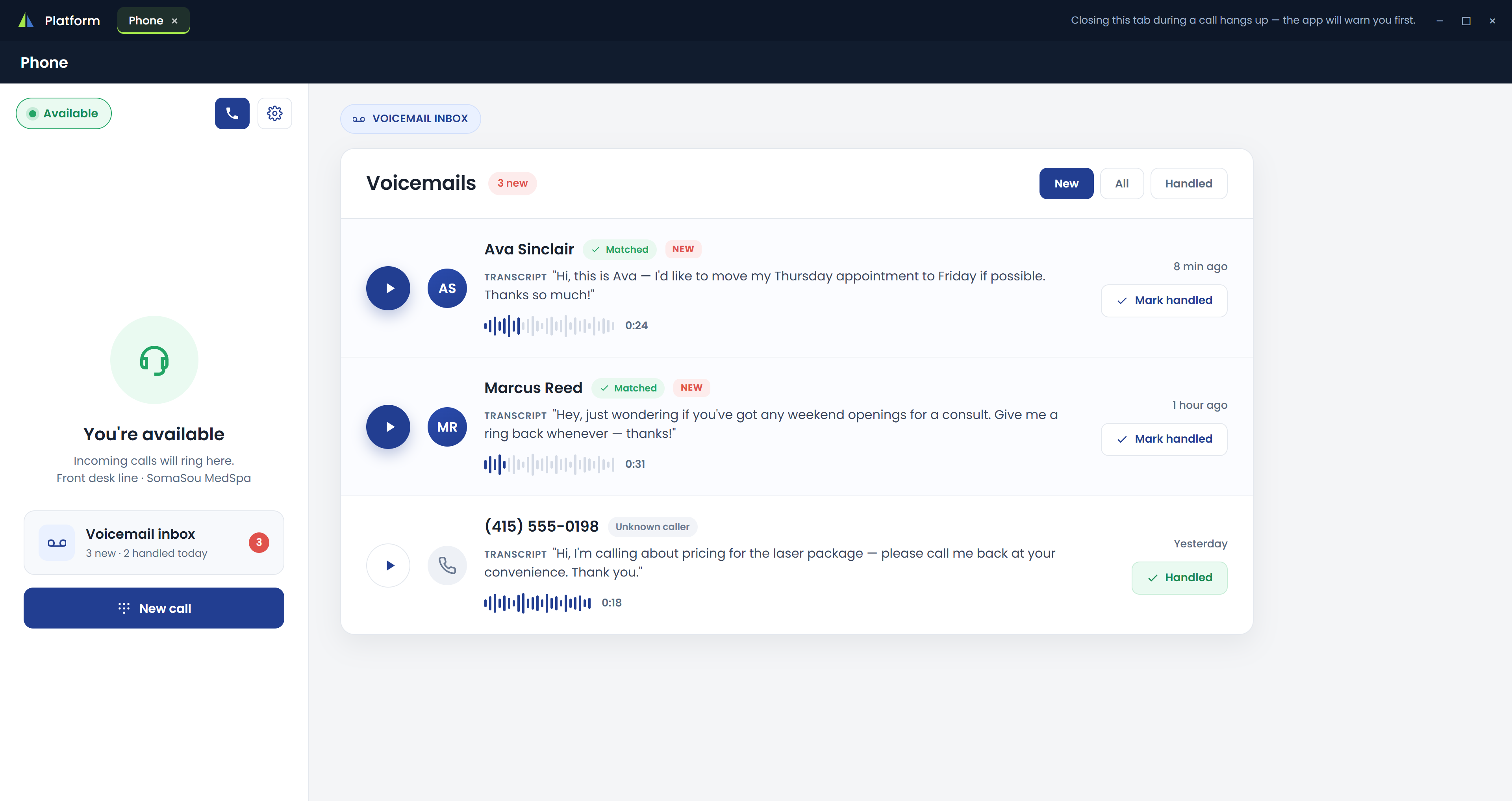 Voicemail to Inbox — VISTA platform screenshot